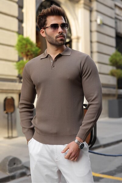 Madmext Light Brown Snap Closure Polo Collar Men's Knitwear Sweater E7514