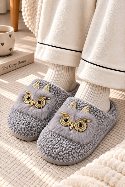 EBRUTESETTÜR Plush House Slippers with Owl Figure, Gray