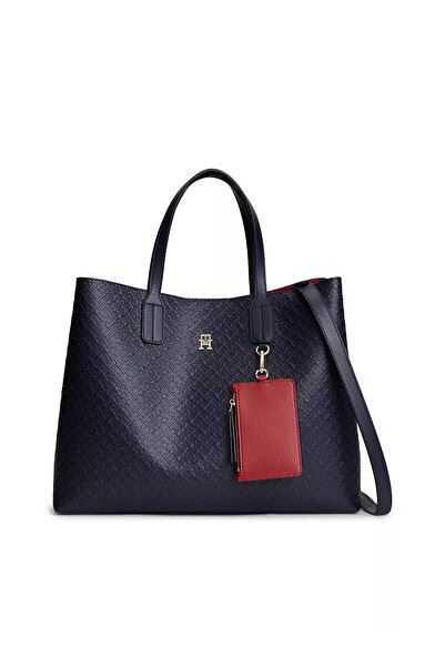 Tommy Hilfiger Women's Embossed Logo Patterned Navy Blue Shoulder Bag with Re...