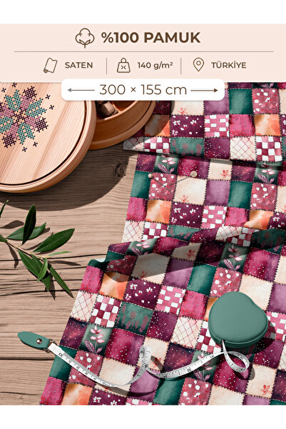 FabricMarket قماش ساتان قطني 100% - 300×155 سم - بنقوش زهرية وهندسية، بألوان ...