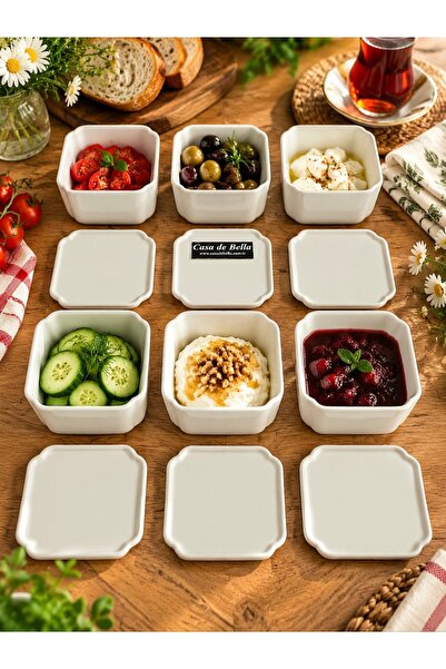 CASA DE BELLA Pure White 6 Lı Kare Kapaklı 9 cm X 9 cm Porselen Kase Kahvaltı...