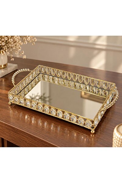 Orta Boy Kristal Taşlı Detaylı Metal Tepsi Dekoratif Sunum Tepsi Oval Gold ( 22 X 35 ) ölçüsü