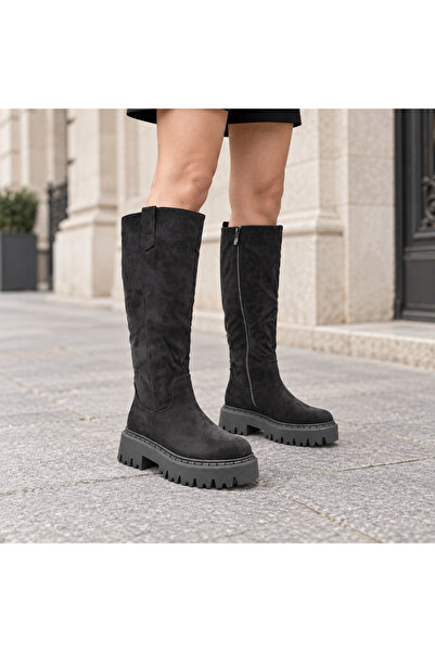 Tmall Cizme de damă, din piele inversată, cu talpă groasă, CD1082, Negru