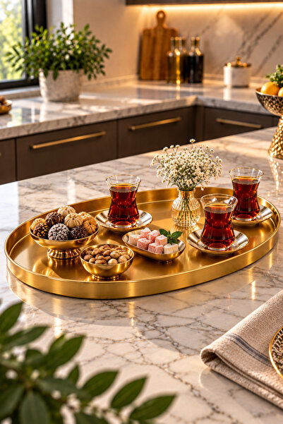 Mim Life Oval Gold Metal Sunum Tepsisi – Altın Renk Servis Tepsisi, Kahvaltı Çay Kahve İkram ve Dekoratif Sunum Tepsisi