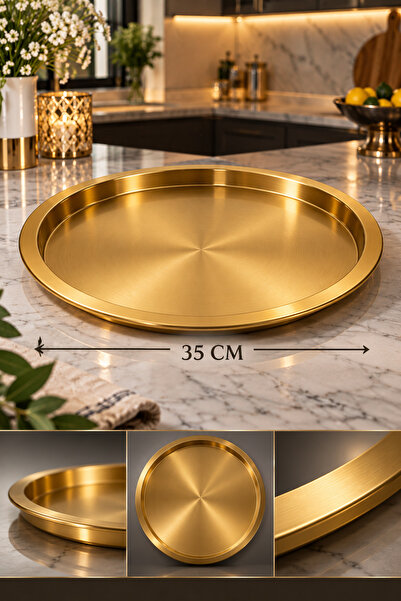 Mim Life Yuvarlak Gold Metal Tepsi 35 Cm – Dekoratif Altın Renk Kahvaltı Sunum Servis ve İkram Tepsisi