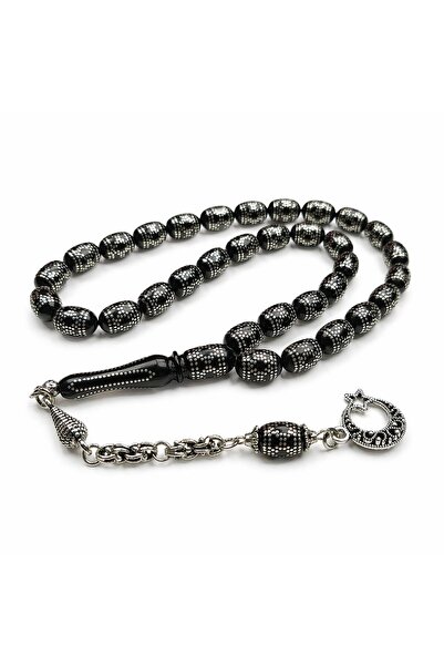 BlackCraft Oltu Stone Baklava Model Silver Engraved Rosary