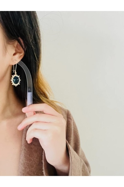 Lunarie Xuping Navy Blue Stone Crystal and Zircon Detailed Sun Hoop Dangle Ea...