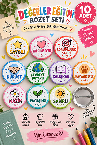 Tasarım 10’lu Değerler Eğitimi Rozet Seti – Saygılı, Yardımsever, Sorumluluk ...