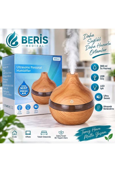 Beris Medikal 300 ML Ultrasonik Hava Nemlendirici Buhar Makinesi LED Işıklı USB Sessiz