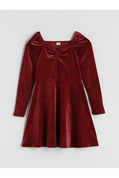 LC Waikiki Heart Neckline Velvet Dress for Girls