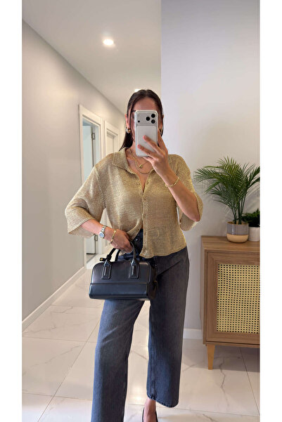 BİRCANÇİL Ritella Gold Glitter Polo Collar Buttoned Knitwear