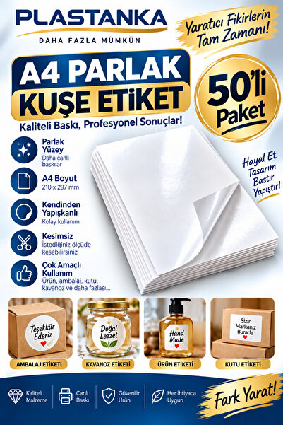 PLASTANKA A4 Parlak Kuşe Kendinden Yapışkanlı Etiket Kağıdı 50’li Paket