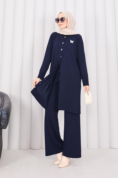 EBRUTESETTÜR Butterfly Brooch Buttoned Knitwear Suit Navy Blue
