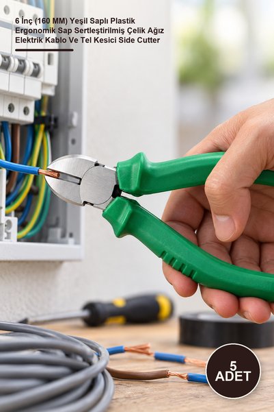 Yenilig 5 Adet Yan Keski – 6 İnç (160 MM) Yeşil Saplı Plastik Ergonomik Sap Sertleştirilmiş Çelik Ağız Elektrik Kablo Ve Tel Kesici Side Cutter