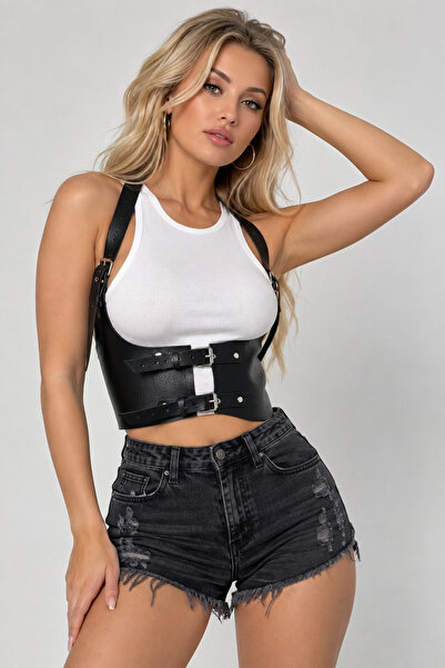 Good Miss Kadın Siyah Suni Deri Korse Harness – Tokalı Ayarlanabilir Bel ve Göğüs Aksesuarı