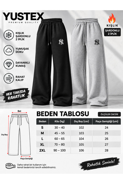 yx yustex sport 2 Pieces of Ny Printed Women's Winter 2-Thread Rastered Sweatpants Black-Grey – Warm, Soft Inside, High Waist, Oversized, Wide Legs
