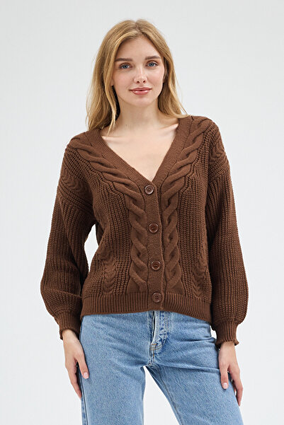 Gülçin Coşkun Selanik Knitted Degaje Collar Comfortable Fit Buttoned Style Women's Knitwear Thick Cardigan