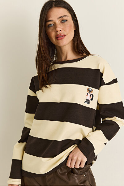 Bianco Lucci Kadın Kahverengi-Bej Çizgili Nakış Detaylı Oversize Sweatshirt 6...