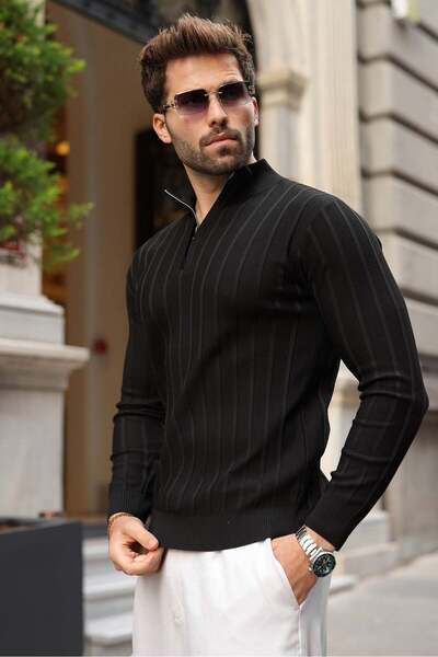 Madmext Black Slim Fit Judge Collar Zippered Men's Knitwear Sweater E7518