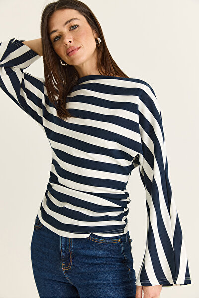 Bianco Lucci Women's Navy Blue Boat Neck Gathered Waist Thick Striped Draped ...