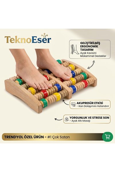 TeknoEser Ahşap Ayak Masaj Aleti 10 Makaralı - Akupresür Dikenli Döner Tekerl...