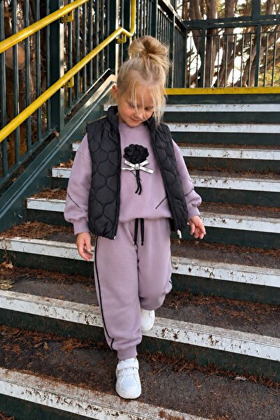 Minigimin Cicileri Girl's 3-Piece Tracksuit Set with Floral Appliqué and Infl...