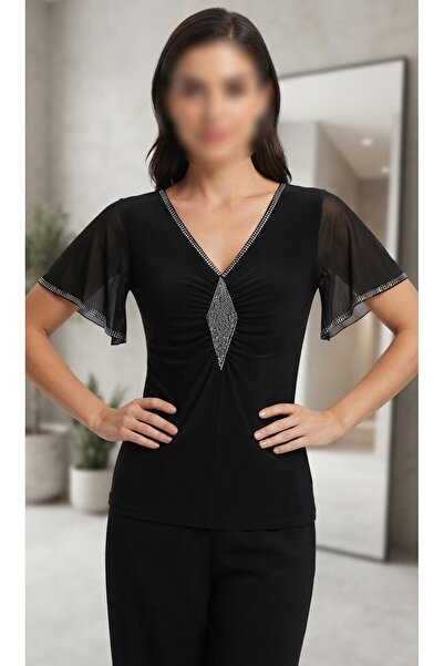 kadina Women's Black Elegant V-Neck Blouse with Crystal Flare Sleeves