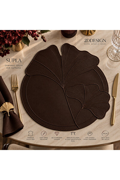 2Ddesign Bir Adet Ginkgo Yaprak Desenli Deri Supla 38x38 cm – Nakış Detaylı D...