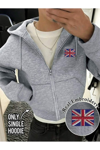 MITHRAS OUTDOORS Unisex Gri İngiltere Bayrağı Baskılı Fermuarlı Sweatshirt Ba...
