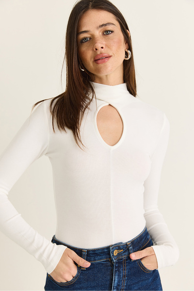 Bianco Lucci Women's White Drop Neck Detailed High Collar Modal Blouse Ca506 ...