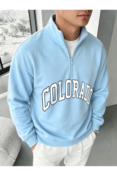 MITHRAS OUTDOORS Unisex Baby Blue Colorado Printed Half-Zip Stand Collar Swea...