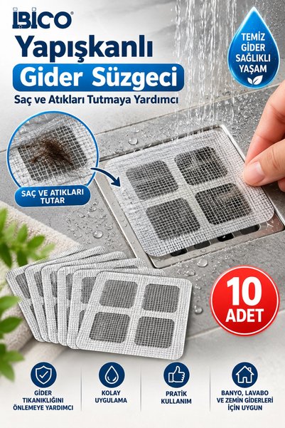 ellante IBICO Yapışkanlı Gider Süzgeci 10 Adet Saç ve Atık Tutucu File Banyo ...