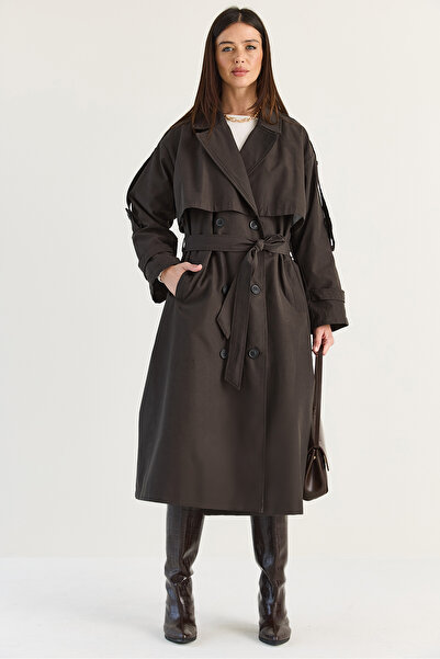 Bianco Lucci Women's Bitter Brown Windbreaker Detailed Epaulet Belted Oversiz...