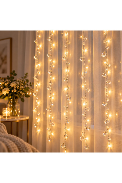 ARVALE Peri 3x2 Metre USB’li Kristal Boncuklu Dekoratif LED Işık Zinciri – Sı...