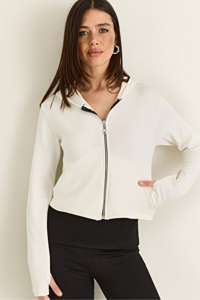 Bianco Lucci Women's White Finger-Looped Hooded Zippered Modal Cardigan 6202 ...