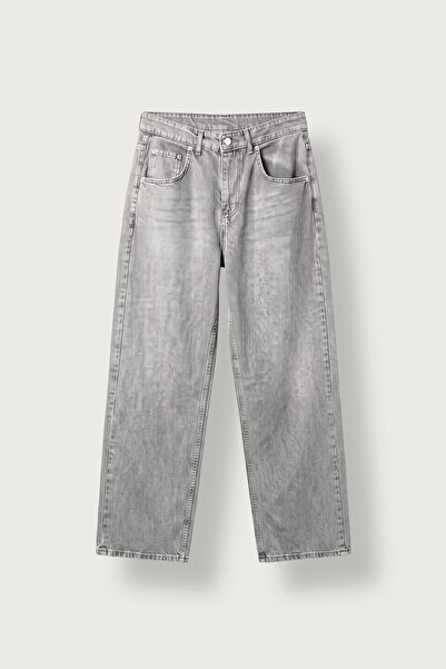 ablukaonline Erkek Baggy Fit Düz Yıkamalı Jean Pantolon Gri