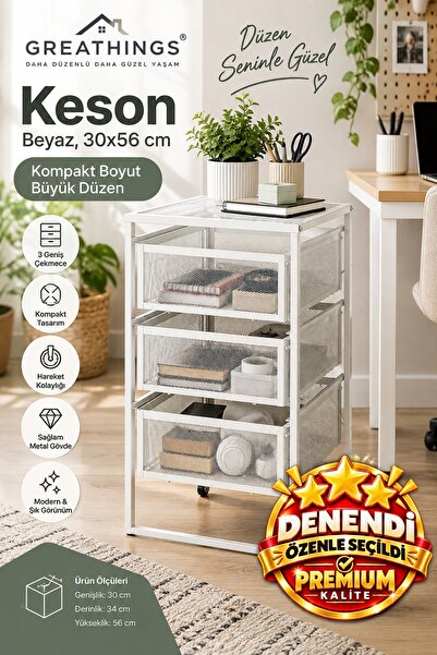 Greathings Beyaz 30x34x56 cm Çelik Keson 3 Çekmeceli Tekerlekli Masa Altı Ofi...