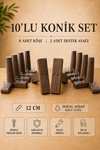 LEGORA WOOD DESIGN 12 Cm Koyu Ceviz Konik Ahşap Mobilya Ayakları 10'lu Set Kö...