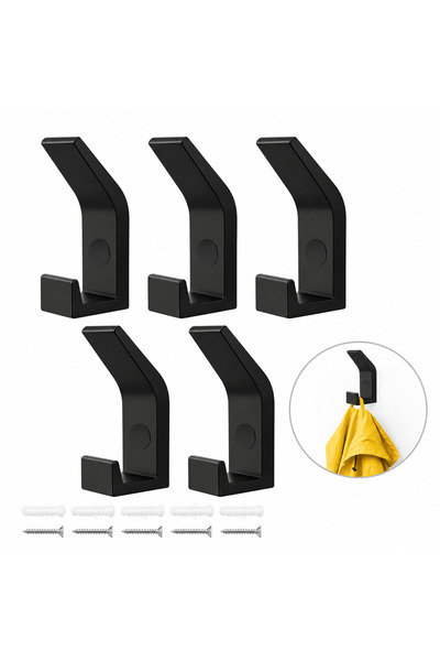 zola Set 5 carlige de perete, pentru haine si genti, 7 x 3 x 2 cm, fixare suruburi, aliaj zinc,negru mat