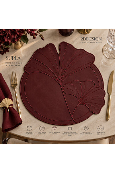 2Ddesign Bir Adet Ginkgo Yaprak Desenli Deri Supla 38x38 cm – Nakış Detaylı D...