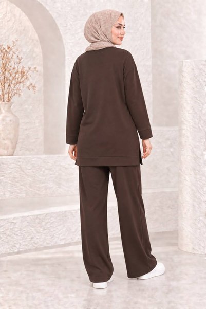 Sfg Life Moda Women's Hijab Shoulder Gold Buttoned Tunic Wide Leg Pants Double Set