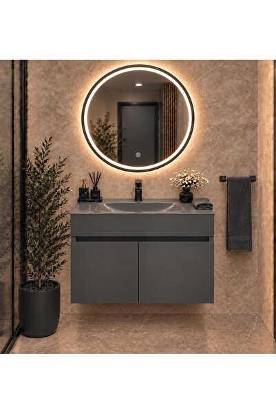 BENA Dandi Antrasit Cam Lavabolu MDF Banyo Dolabı 100 CM
