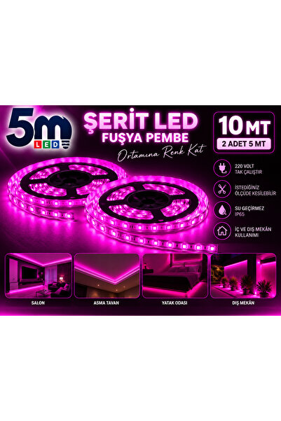 LED PAZARI 10 MT FUŞYA PEMBE ŞERİT LED 12 VOLT İÇ MEKAN
