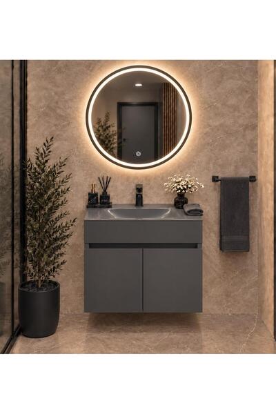 BENA Dandi Antrasit Cam Lavabolu MDF Banyo Dolabı 60 CM