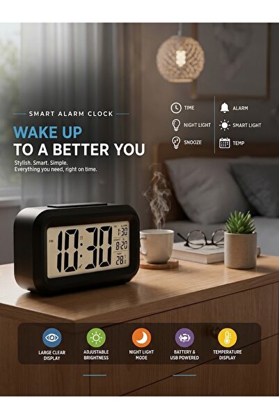 Generic Brand ساعة منبه رقمية بشاشة LCD طراز DX3627 - إضاءة ليلية ذكية، عرض ا...