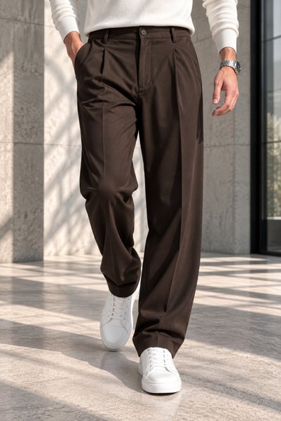 1434 Polo State Men's Lycra Pleated Baggy Fit Trousers - Brown