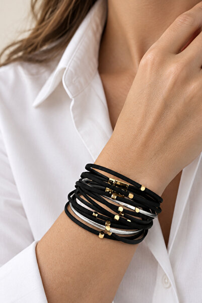Modex Multi-Row Gold Color Cube Bead Stripe Detail Magnetic Bracelet (18cm)