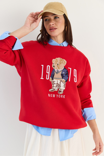 Bianco Lucci Kadın Kırmızı Bisiklet Yaka Teddy Nakış Detaylı Sweat 10417 60284066