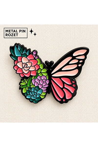 Çiçekli Kelebek Metal Pin Rozet Renkli Çiçek Sukulent Tasarımlı Çanta Ceket Yaka Aksesuarı