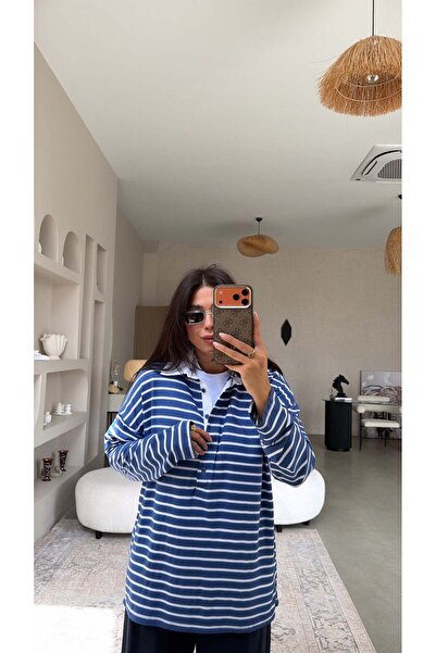 Buket Teke Blue Striped Collared Slim Long Sleeve Basic